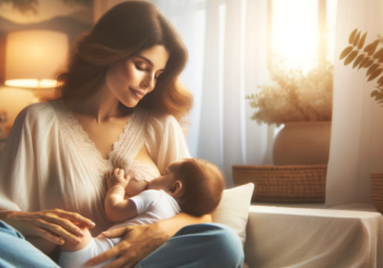 Esta imagem retrata uma cena serena e acolhedora de uma mãe amamentando seu bebê