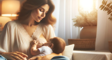 Esta imagem retrata uma cena serena e acolhedora de uma mãe amamentando seu bebê