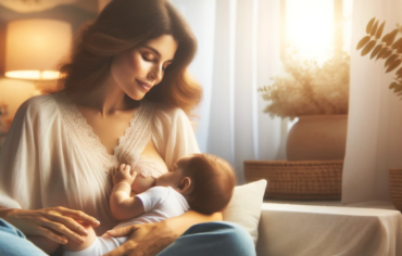 Esta imagem retrata uma cena serena e acolhedora de uma mãe amamentando seu bebê
