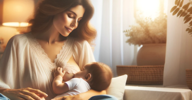 Esta imagem retrata uma cena serena e acolhedora de uma mãe amamentando seu bebê