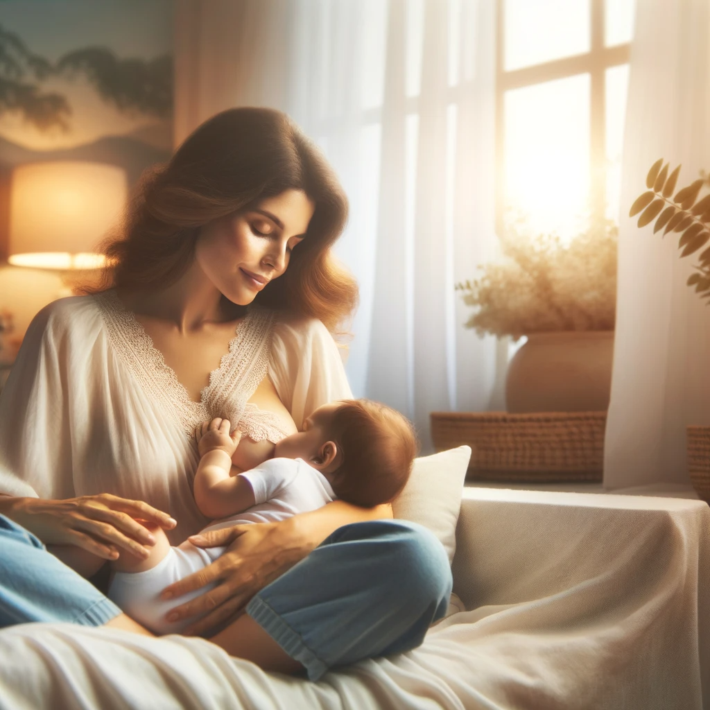 Esta imagem retrata uma cena serena e acolhedora de uma mãe amamentando seu bebê
