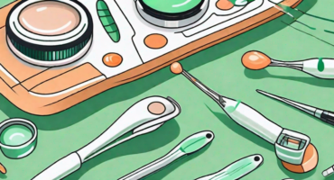 Various ophthalmic surgical tools next to an eye