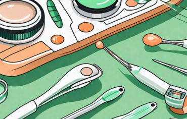 Various ophthalmic surgical tools next to an eye