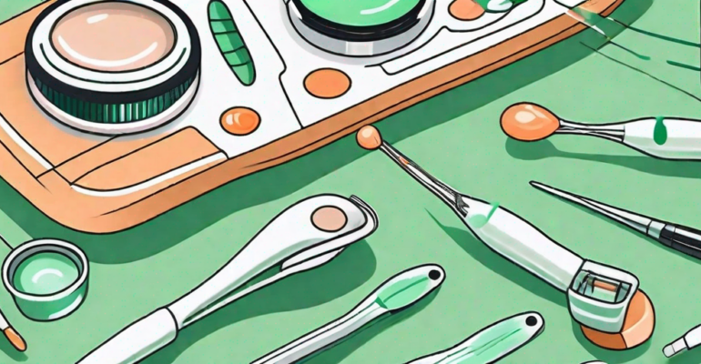 Various ophthalmic surgical tools next to an eye
