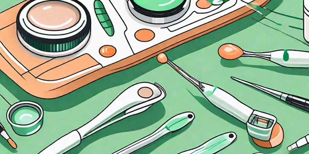 Various ophthalmic surgical tools next to an eye
